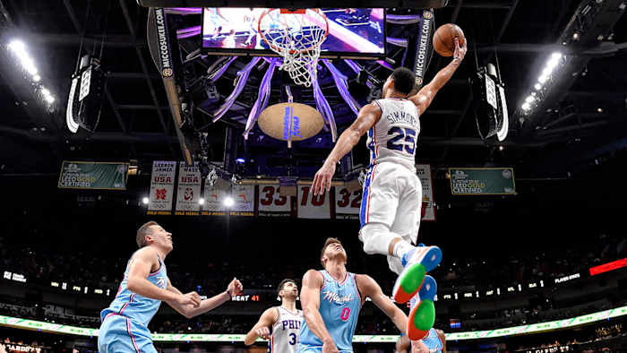 Ben Simmons soars for a dunk